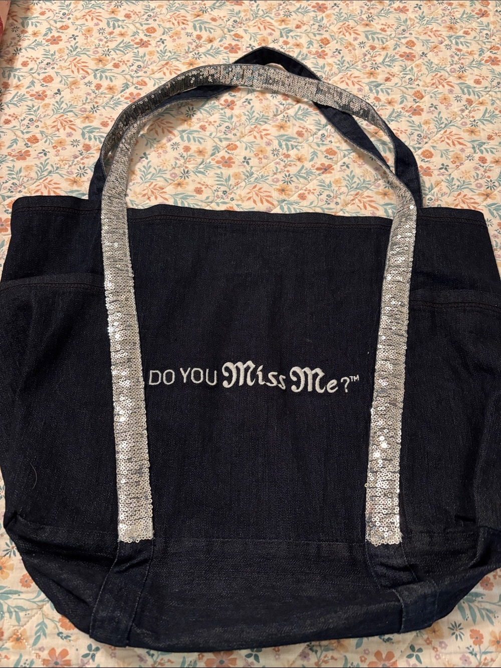 Miss Me Blue/ Denim Tote with Silver Sequin Handles